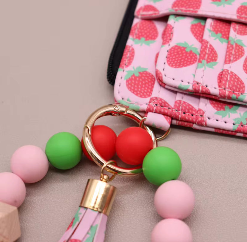 Strawberry Wallet Keychain with Beaded Wristlet