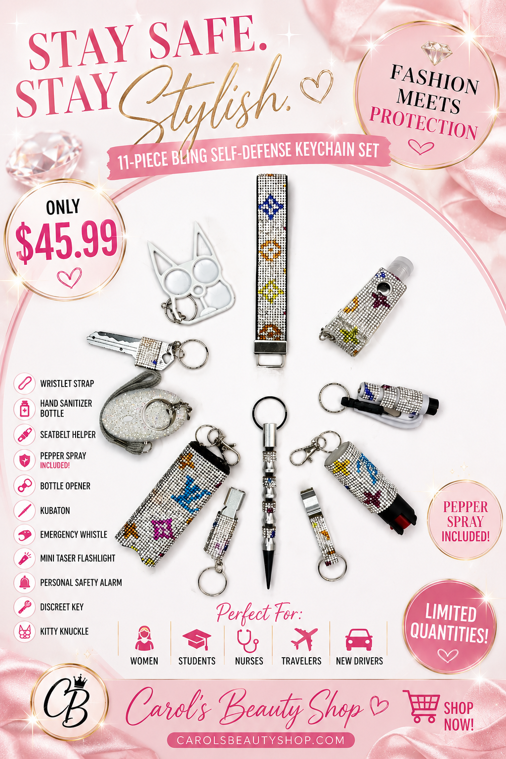 ✨ Designer-Inspired Bling Self-Defense Keychain Set | 11 Piece Bundle