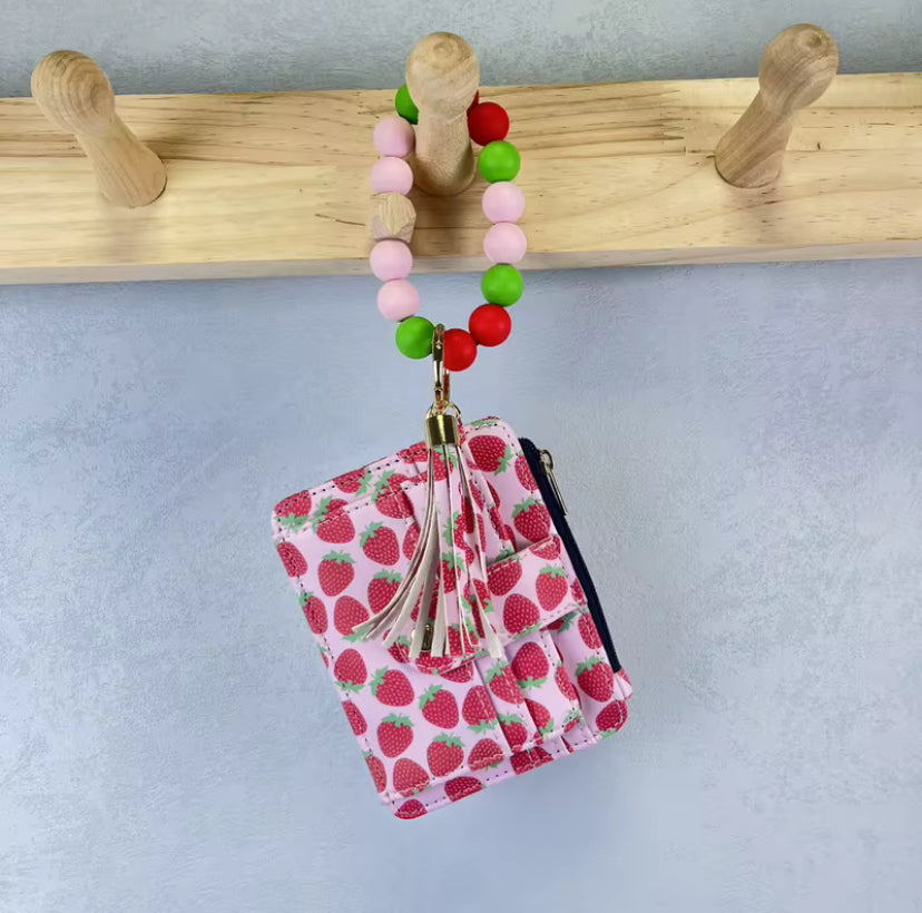 Strawberry  Wallet Keychain with Beaded Wristlet